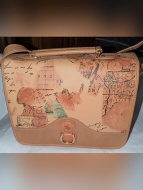 Vintage Marchino Italian Style Map Print Shoulder Bag With Leather Trim.